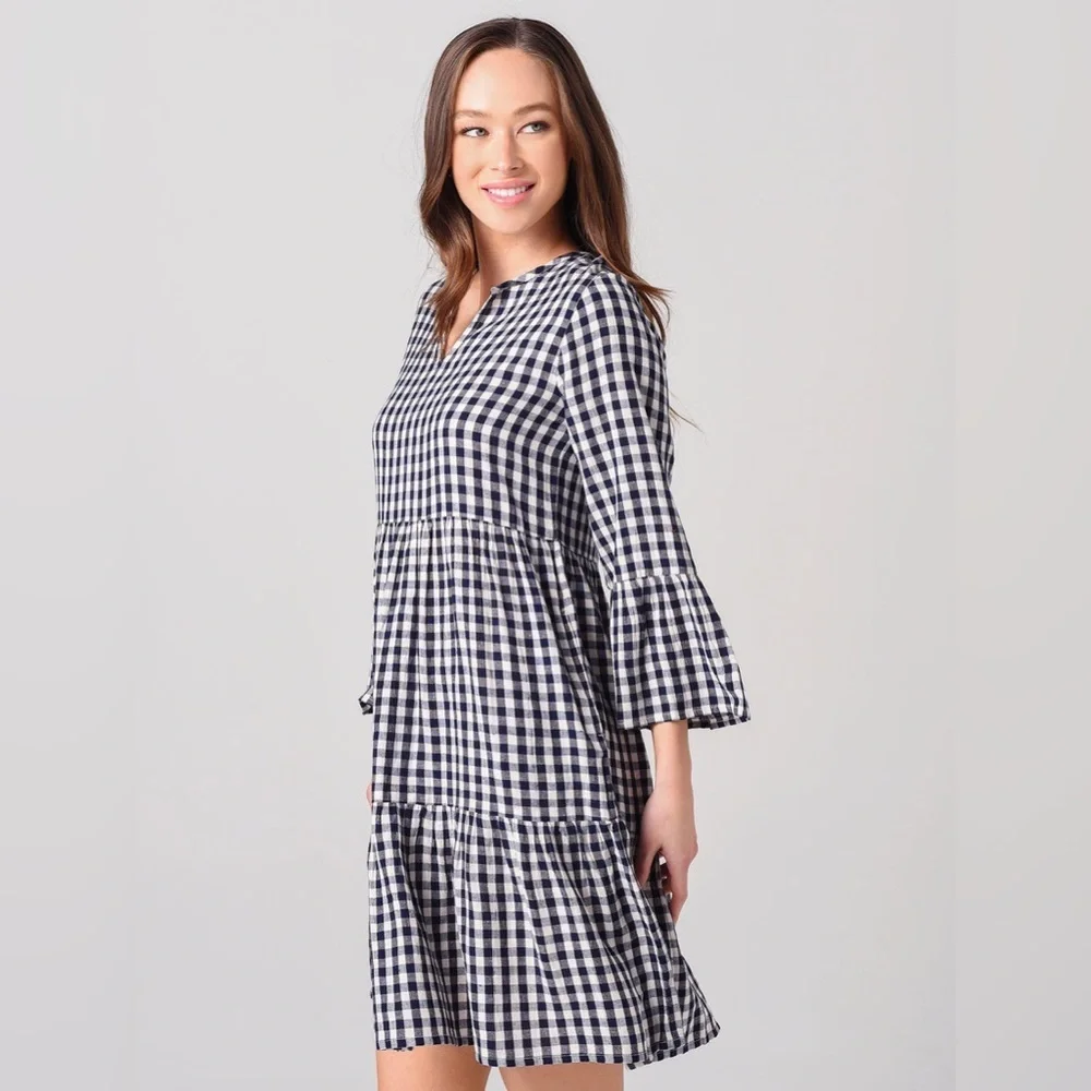 Hartford NWOT Rain Woven Dress, Blue Gingham, French Size 3 Large, Bell Sleeves - Picture 4 of 10